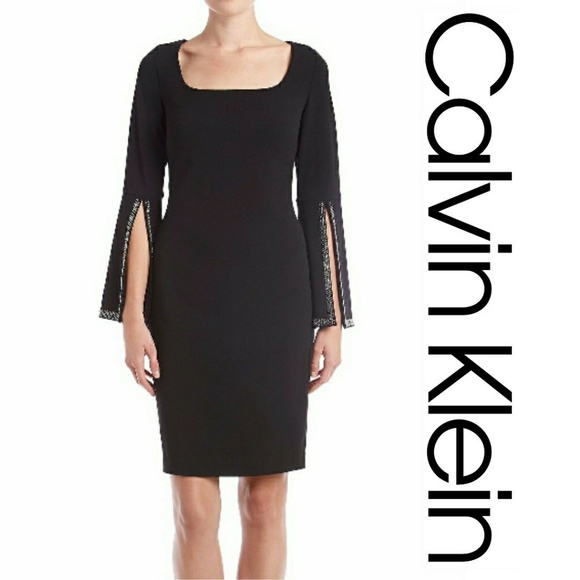 calvin klein embellished bell sleeve sheath dress